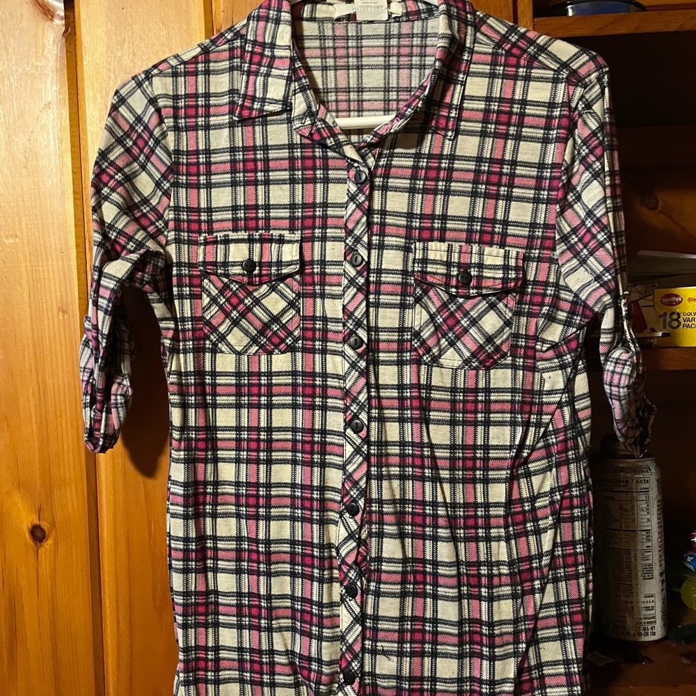 Dark pink plaid long sleeve button down shirt